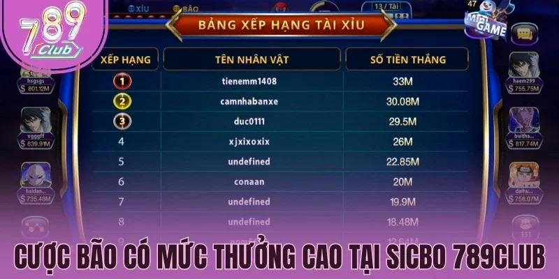 Cược bão có mức thưởng cao tại Sicbo 789Club